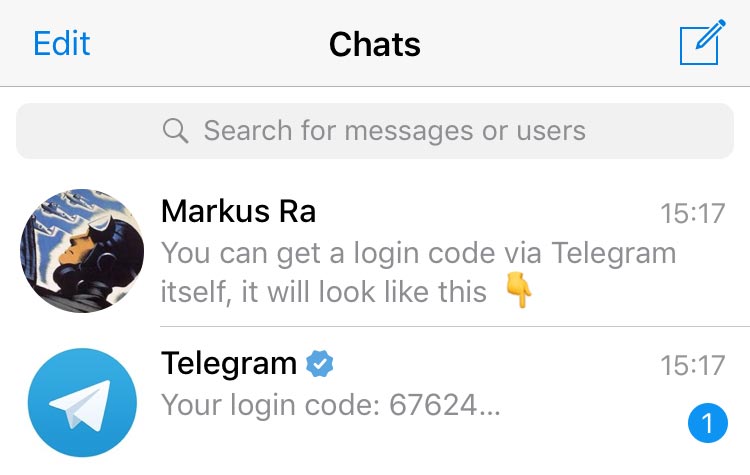 Telegram login code confirmation screen